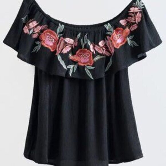 Prosperity Floral embroidered Ruffle black off-shoulder Top Boho Size Med - Picture 3 of 9